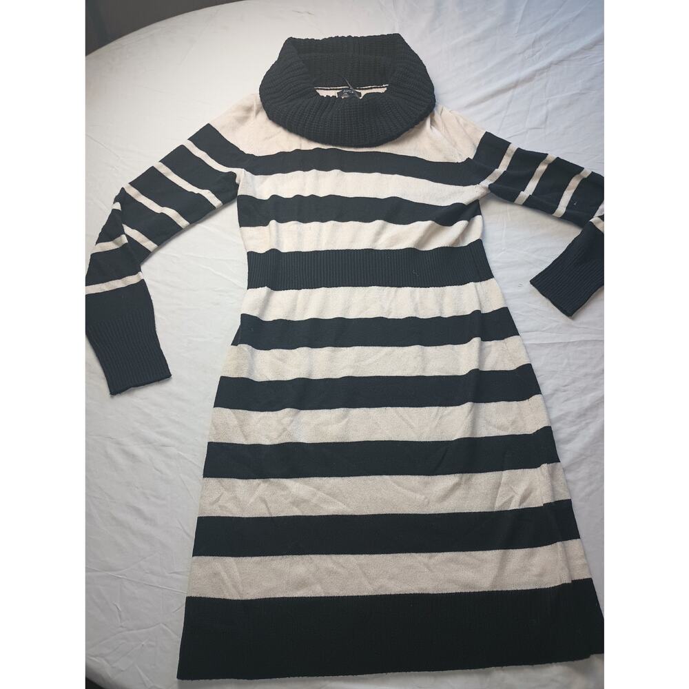 Women Sweater Dress Cowl Neck Stripped Black White Knit Long sleeve Medium Apt 9